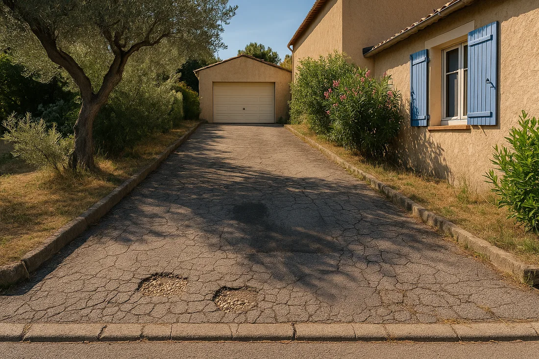 Avant : entrée de garage en enrobé fissuré, avec deux nids-de-poule.