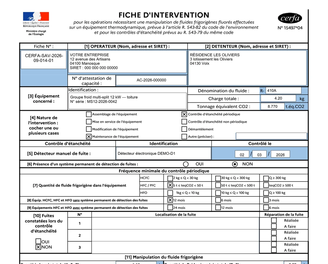CERFA 15497 rempli : opérateur, détenteur, équipement, fluide R410A, charge 4,2 kg, 8,77 t éq. CO2, fréquence de contrôle 12 mois cochée.