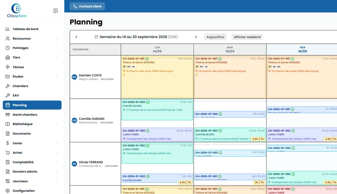 Le planning aux couleurs d'Oliasphere.