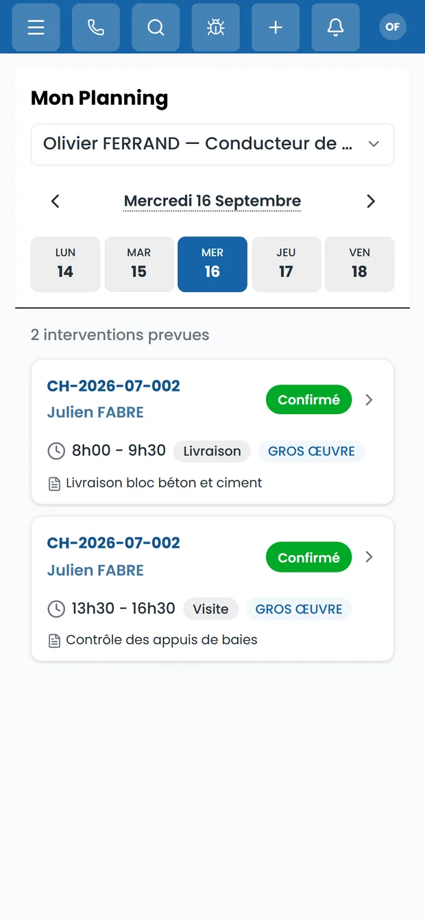 Sur le téléphone du compagnon : ses interventions du jour, horaires, chantier et consigne.